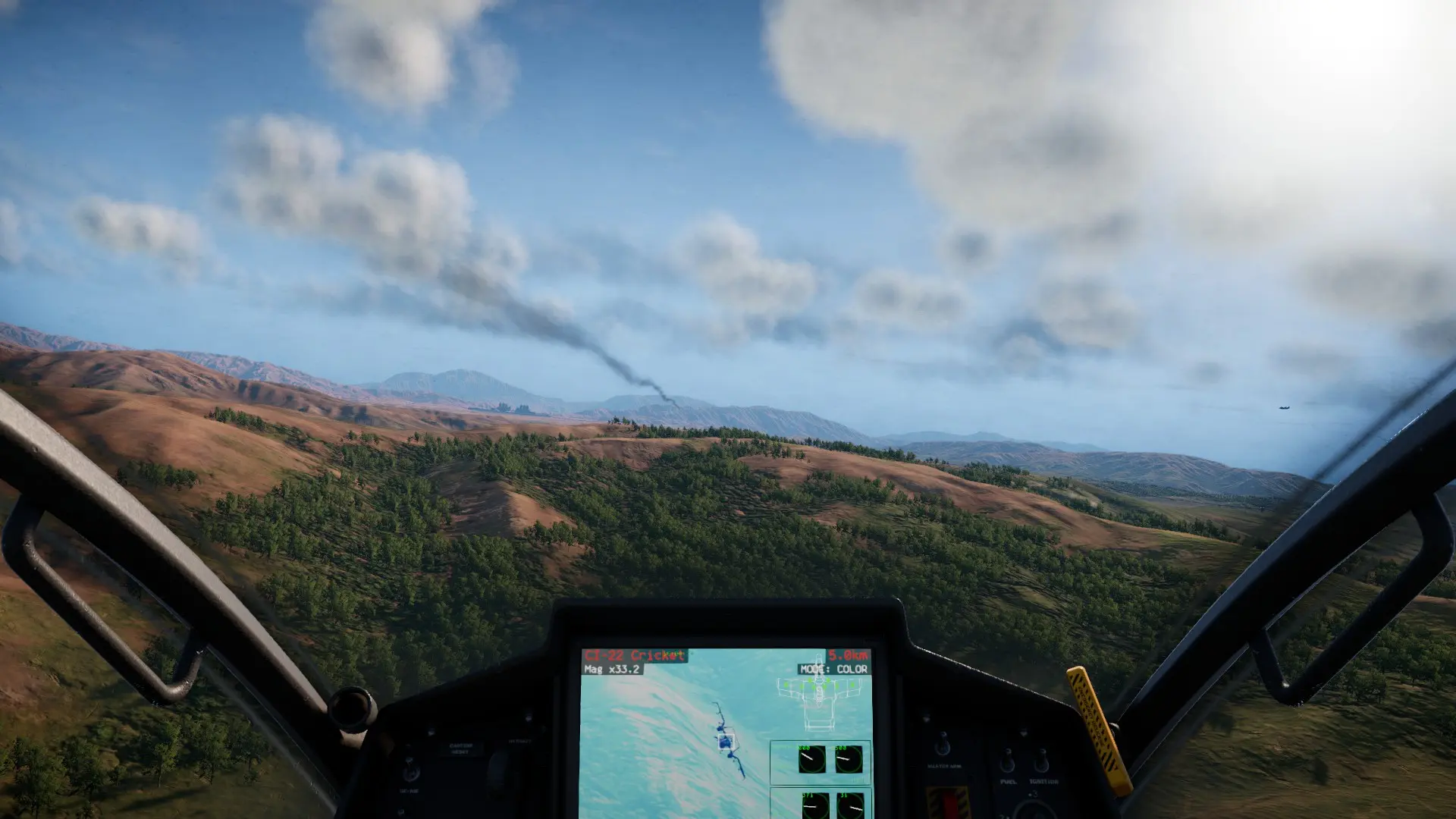 Cockpit view of an CI-22 Cricket after firing a missile at an enemy Cricket